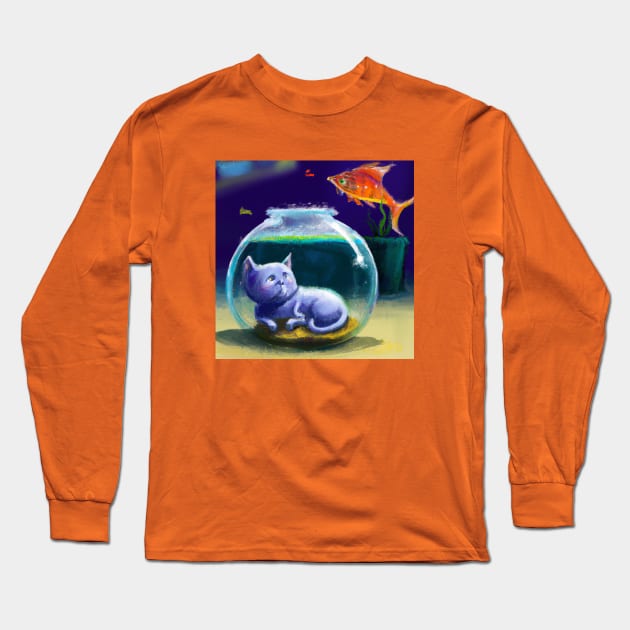 Blue Cat Dreams of Trading Places with a Goldfish Long Sleeve T-Shirt by Star Scrunch